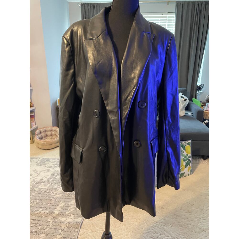 Primark Black Faux Leather Double Breasted Longline Blazer Jacket Size 10 - Picture 2 of 8